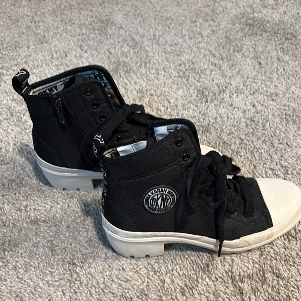 DKNY Black and White Ankle Boots with Textured Fabric